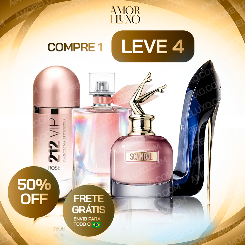 Combo de 4 perfumes de mujer: Scandal, 212 VIP Rosé, La Vie est Belle y Good Girl 